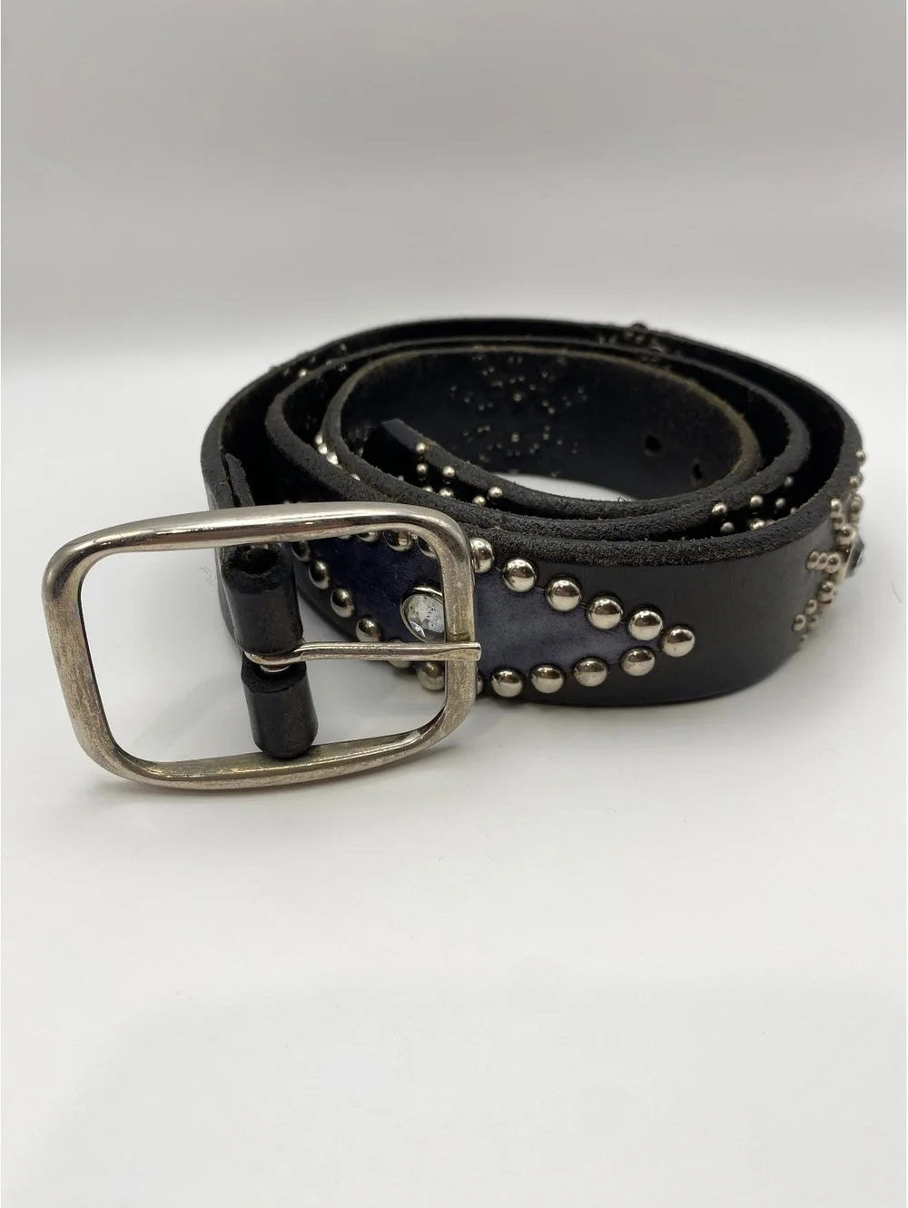 Black Leather Studded Belt with Rhinestone Accents
